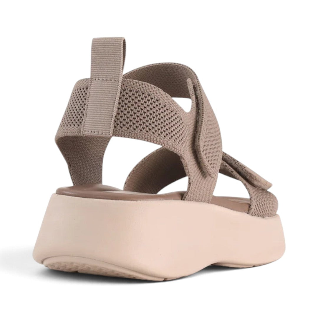 The Happy Shoe Shop Los Cabos Shebe taupe platform sandal with a breathable knit upper and adjustable velcro straps.