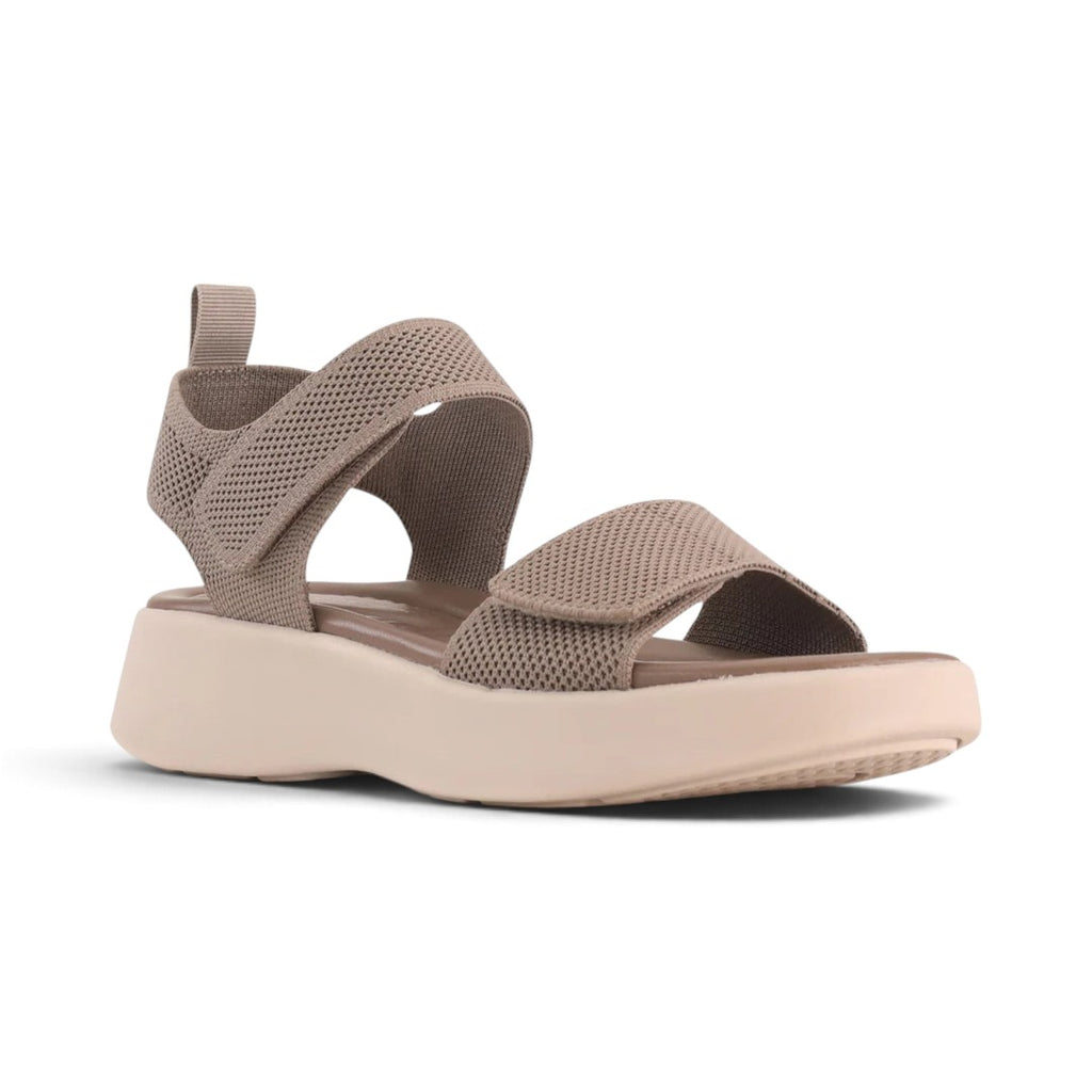 The Happy Shoe Shop Los Cabos Shebe taupe platform sandal with breathable knit upper and adjustable velcro straps.