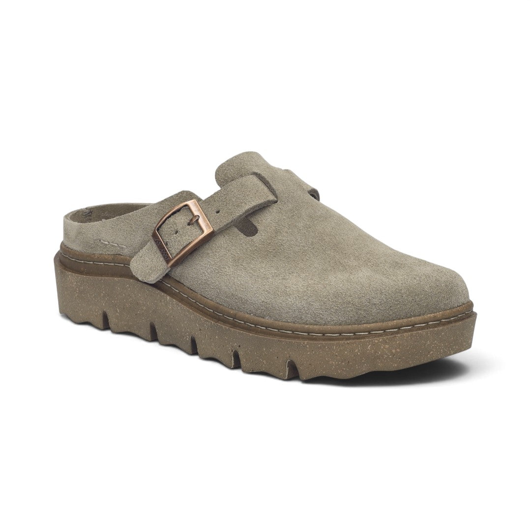 The Happy Shoe Shop Josef Seibel Carmaux 05 taupe suede slide with an adjustable buckle and chunky lugged sole.