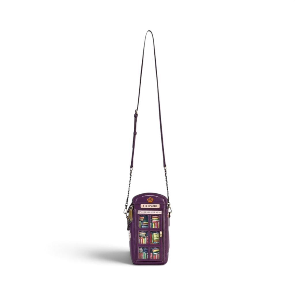 The Happy Shoe Shop Vendula London telephone box novelty bag in purple vegan leather with bookshop print and strap.