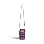 The Happy Shoe Shop Vendula London telephone box novelty bag in purple vegan leather with bookshop print and strap.