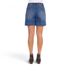 The Happy Shoe Shop Thomas Cook Annie blue denim shorts with wide leg fit, back welt pockets, and mock leather badge.