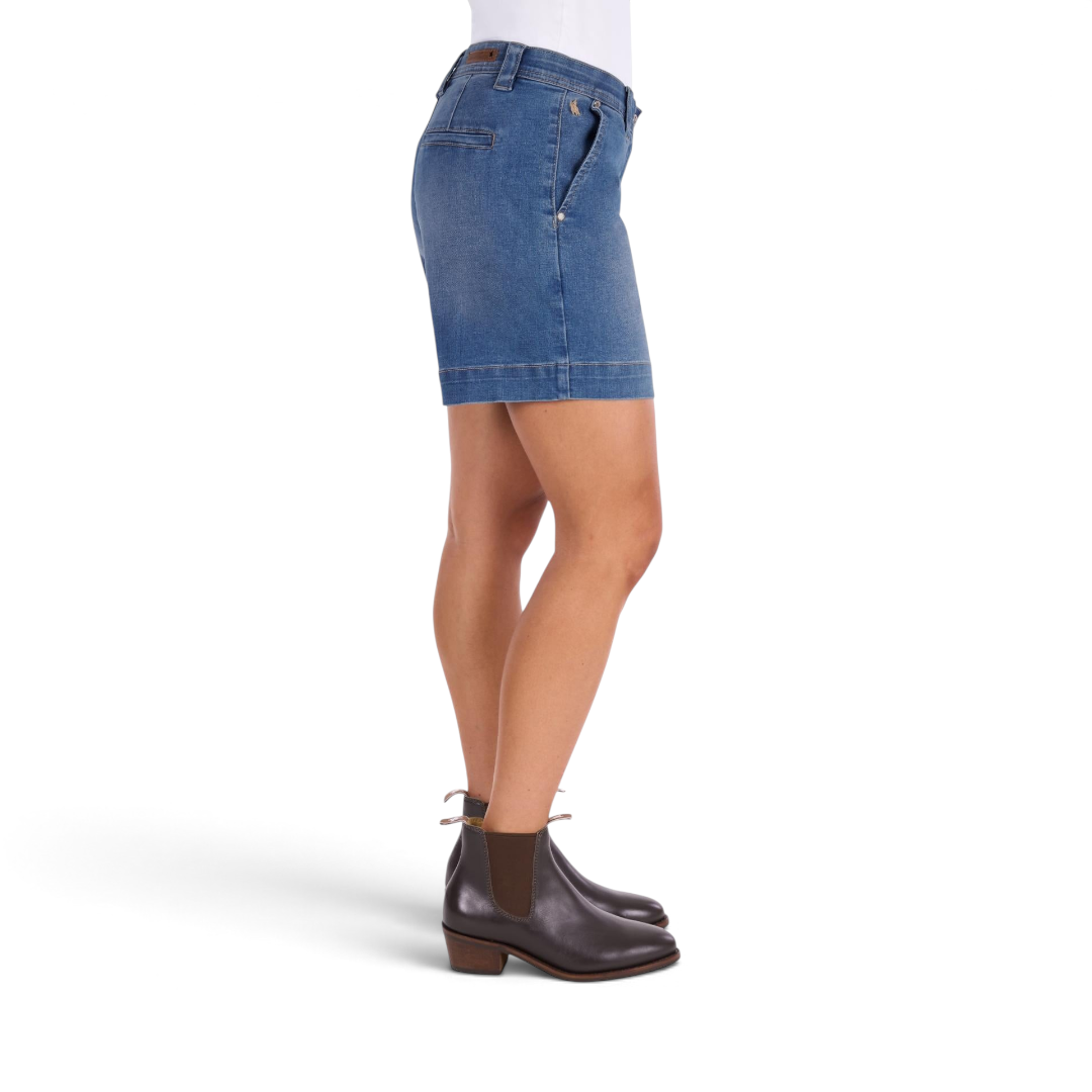 The Happy Shoe Shop Thomas Cook Annie denim shorts in blue with a wide leg fit and elastic waistband, side view.
