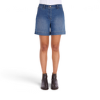 The Happy Shoe Shop Thomas Cook Annie blue denim shorts with a wide leg fit, elastic waistband, and cuffed hem.