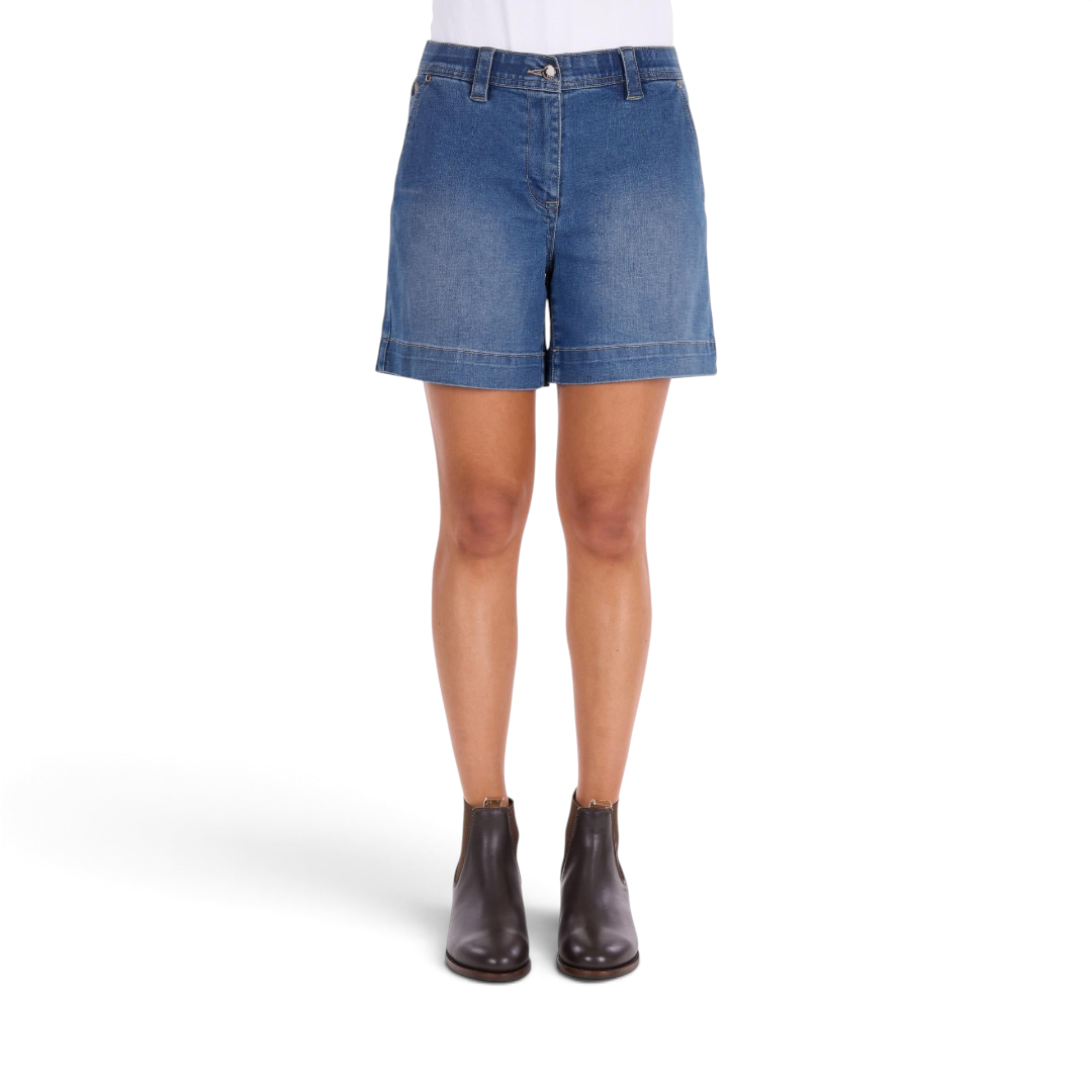 The Happy Shoe Shop Thomas Cook Annie blue denim shorts with a wide leg fit, elastic waistband, and cuffed hem.