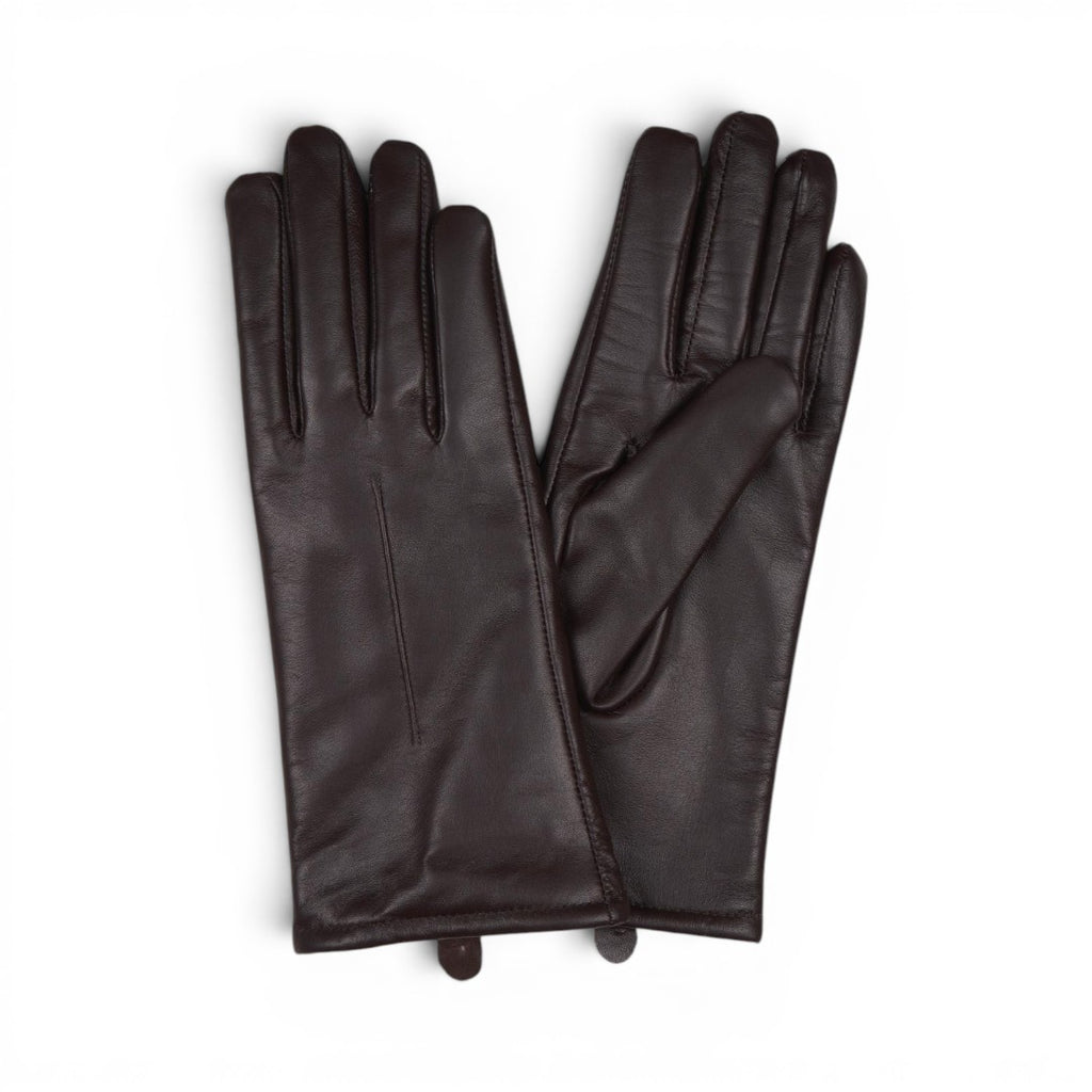 The Happy Shoe Shop Thomas Cook womens chocolate brown soft leather gloves with wool blend lining.