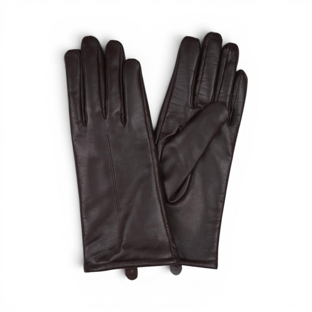 The Happy Shoe Shop Thomas Cook womens chocolate brown soft leather gloves with wool blend lining.
