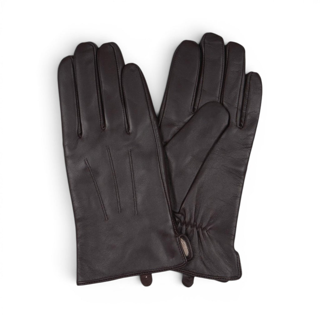 The Happy Shoe Shop Thomas Cook men's chocolate brown leather gloves with wool blend lining.