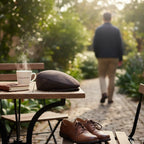 The Happy Shoe Shop Thomas Cook Samuel Driver Cap in dark brown wool with a subtle logo emboss. A man walks away in the background.
