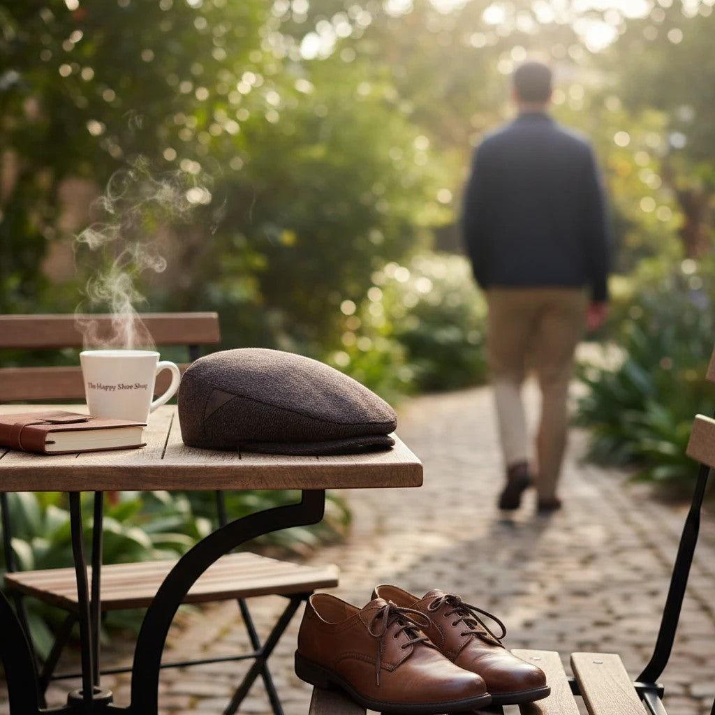 The Happy Shoe Shop Thomas Cook Samuel Driver Cap in dark brown wool with a subtle logo emboss. A man walks away in the background.