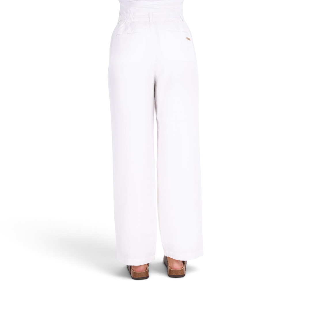 The Happy Shoe Shop Thomas Cook Eva white linen blend trousers featuring a back welt pocket and metal logo detail.