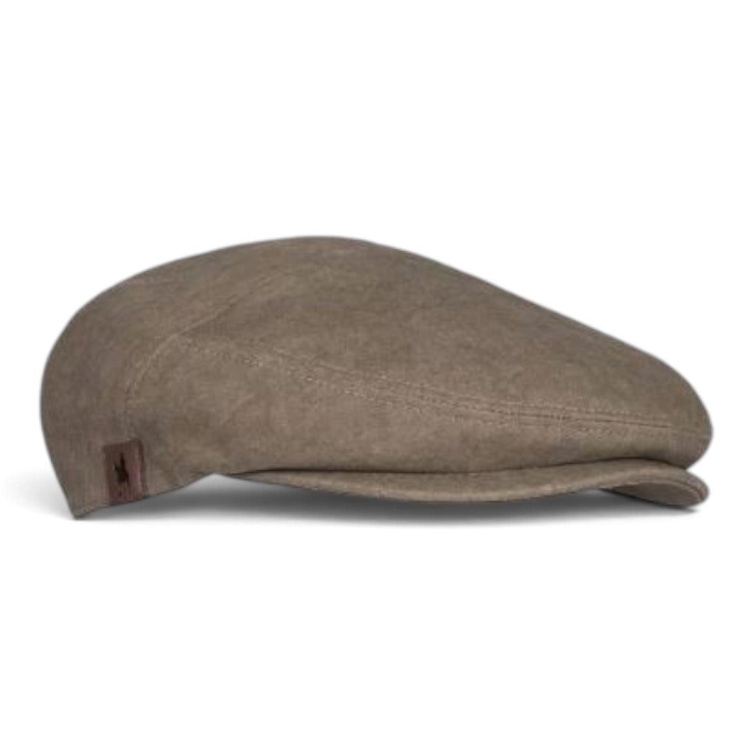 The Happy Shoe Shop Thomas Cook Evan driver cap in brown linen with a tailored fit and embossed logo trim.