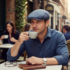 The Happy Shoe Shop Thomas Cook Evan driver cap in blue linen worn by a man drinking coffee at an outdoor cafe