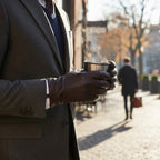 The Happy Shoe Shop Thomas Cook men's chocolate brown leather gloves with wool lining worn with a grey suit jacket.
