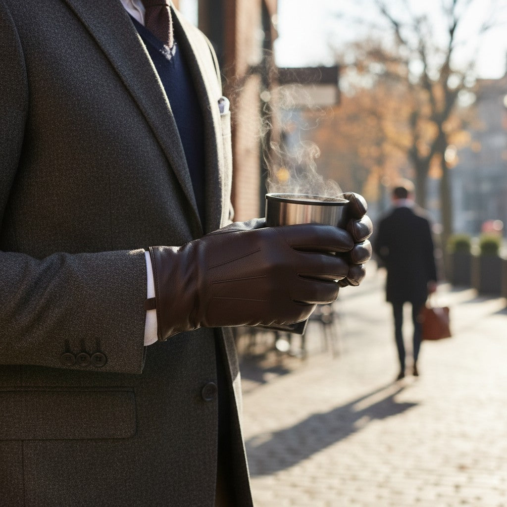 The Happy Shoe Shop Thomas Cook men's chocolate brown leather gloves with wool lining worn with a grey suit jacket.