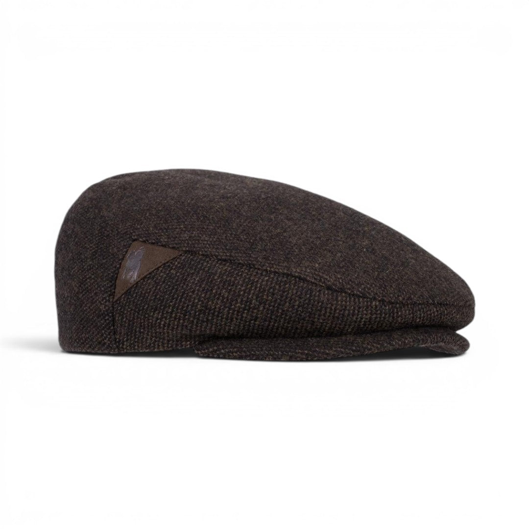 The Happy Shoe Shop Thomas Cook Samuel Driver Cap in dark brown wool with a subtle logo emboss detail.