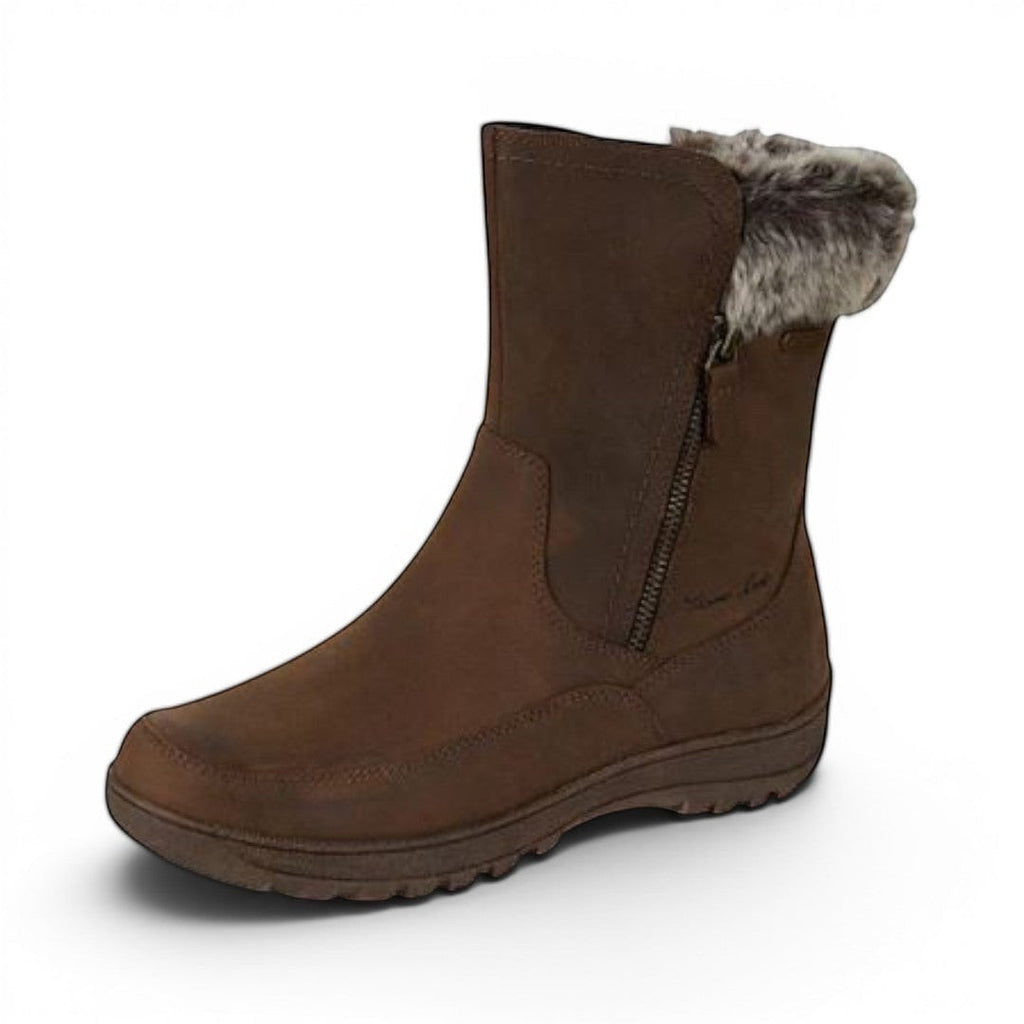 The Happy Shoe Shop Thomas Cook Wilmot Boot: brown waterproof leather with faux fur trim and side zip.