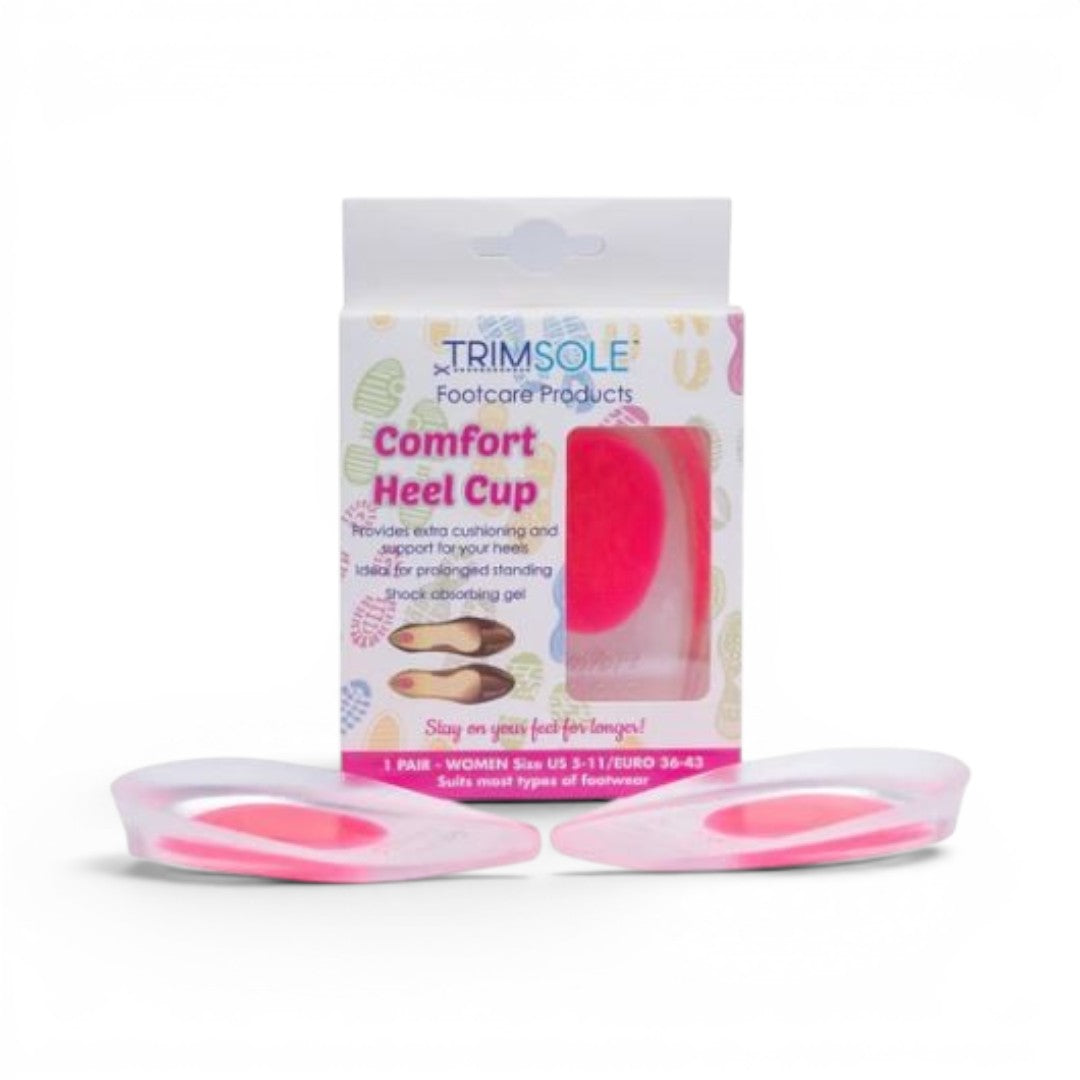 The Happy Shoe Shop Trimsole Comfort Heel Cups are clear gel inserts with pink cushioning for heel pain relief and shock absorption.
