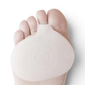 The Happy Shoe Shop Trimsole Gel Forefoot Cushions are white medical-grade silicone pads with a toe loop for support and shock absorption.