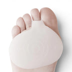 The Happy Shoe Shop Trimsole Gel Forefoot Cushions are white medical-grade silicone pads with a toe loop for support and shock absorption.