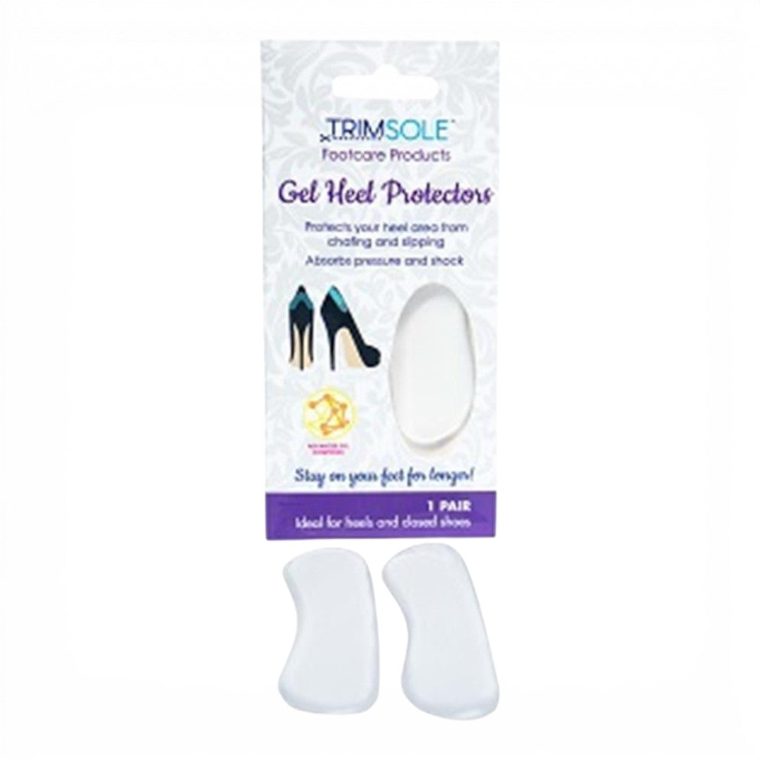 The Happy Shoe Shop Trimsole transparent gel heel protectors in retail packaging for blister and slippage prevention.