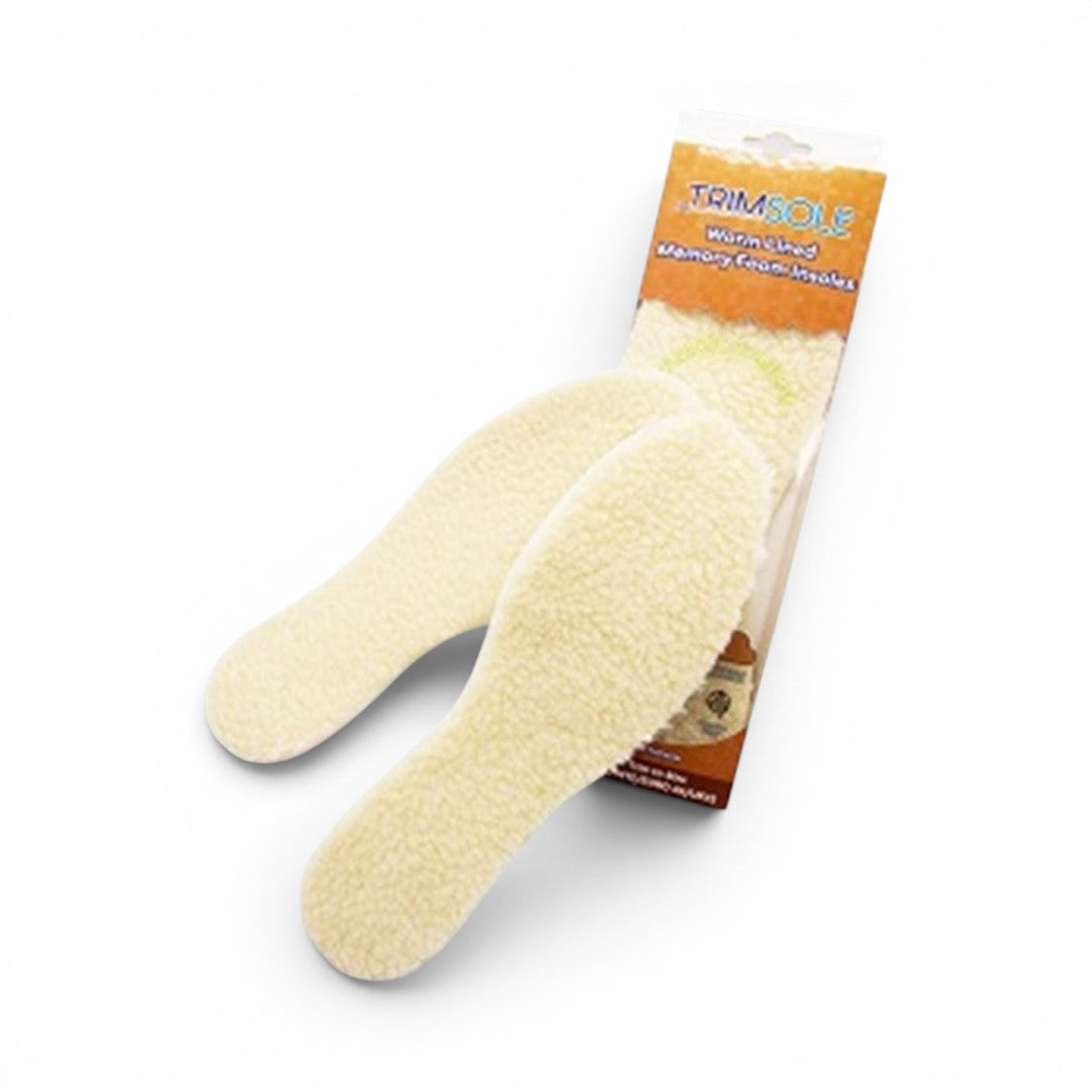 The Happy Shoe Shop Trimsole memory foam insoles with synthetic wool lining in cream, perfect for winter warmth and comfort.