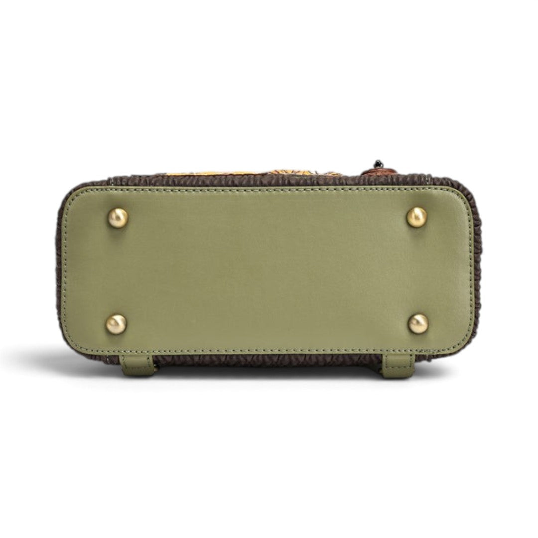 The Happy Shoe Shop Vendula London Lyla backpack base in olive green vegan leather with four protective metal feet.