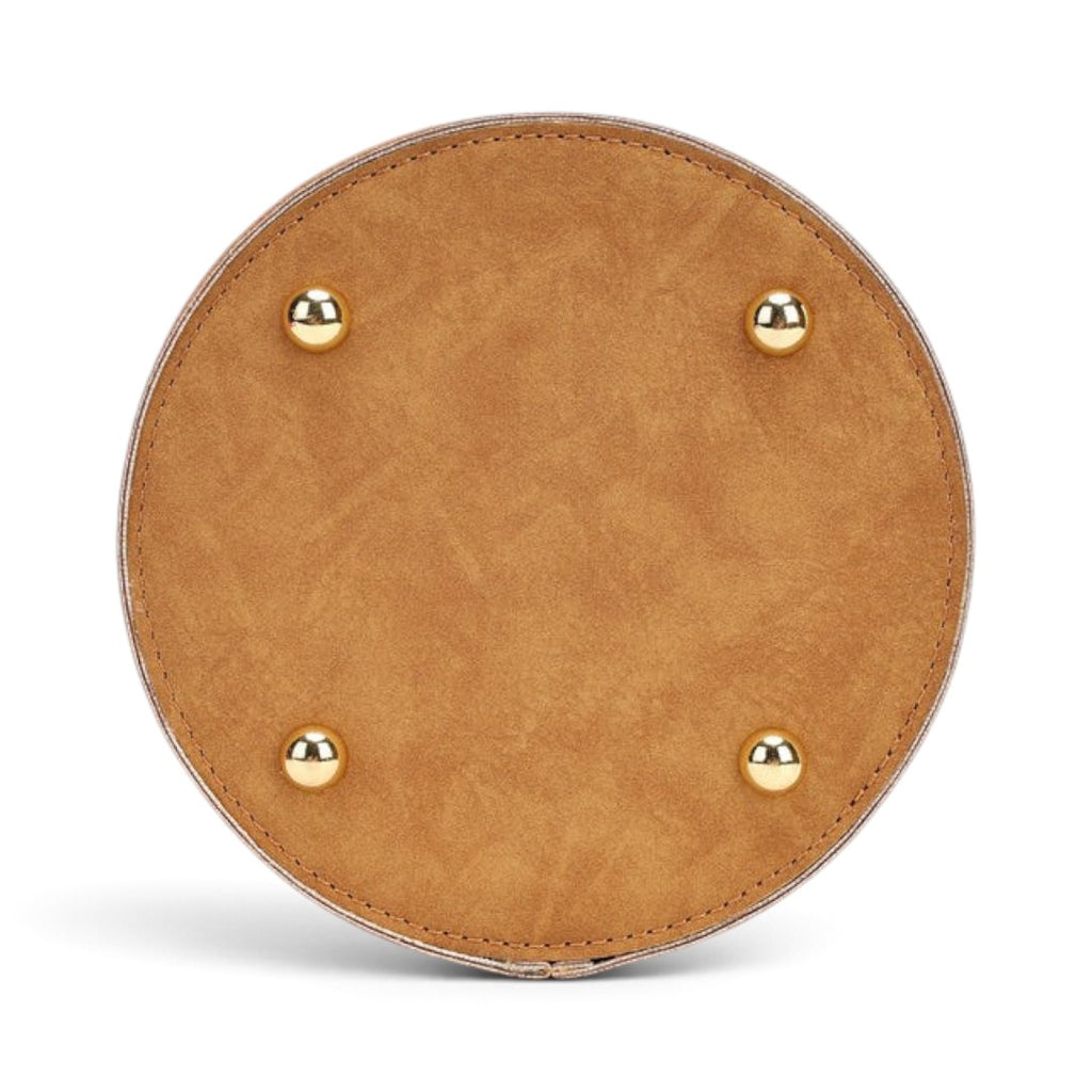 The Happy Shoe Shop Vendula London sewing box bag base showing four gold protective metal feet on tan vegan leather.