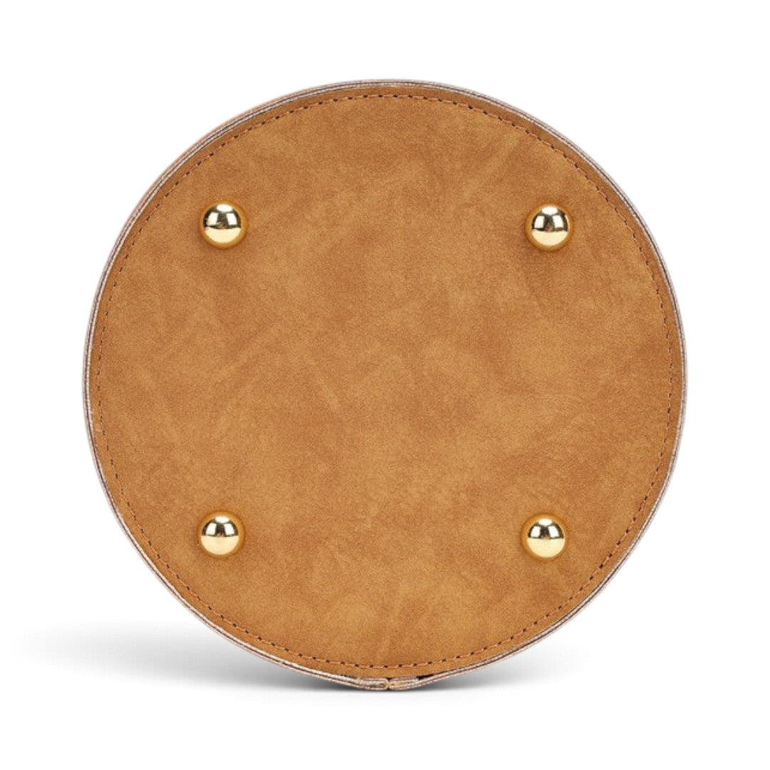The Happy Shoe Shop Vendula London sewing box bag base showing four gold protective metal feet on tan vegan leather.