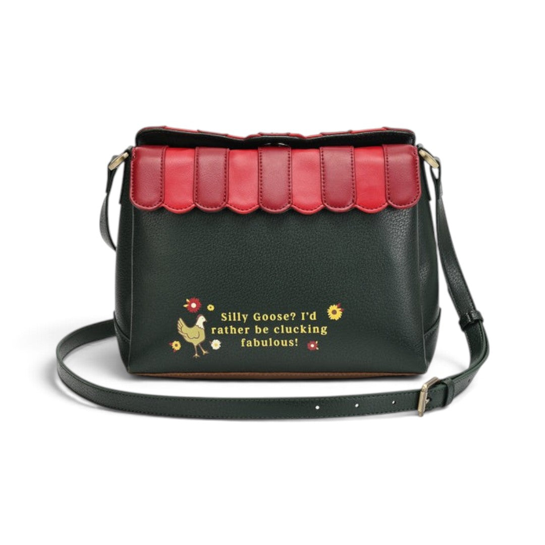 The Happy Shoe Shop Vendula London vegan leather crossbody bag with red scalloped flap and chicken embroidery