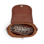The Happy Shoe Shop Vendula London flower shop basket bag in amber, shown open with printed lining and zip pocket.