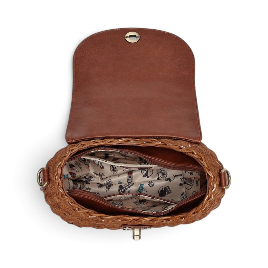 The Happy Shoe Shop Vendula London flower shop basket bag in amber, shown open with printed lining and zip pocket.