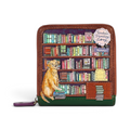The Happy Shoe Shop Vendula London square wallet featuring a whimsical bookshop print with a golden retriever dog.