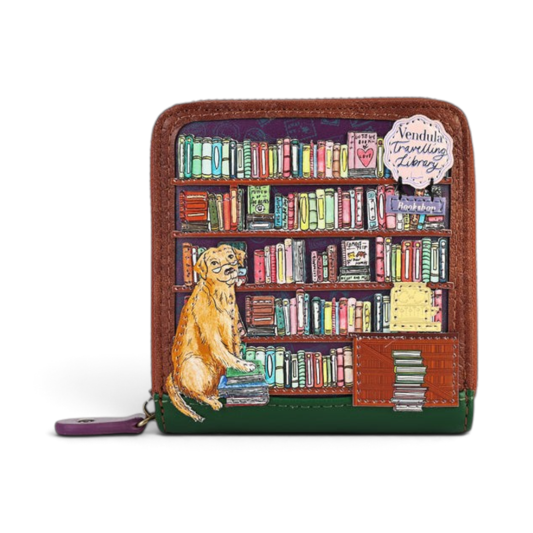 The Happy Shoe Shop Vendula London square wallet featuring a whimsical bookshop print with a golden retriever dog.
