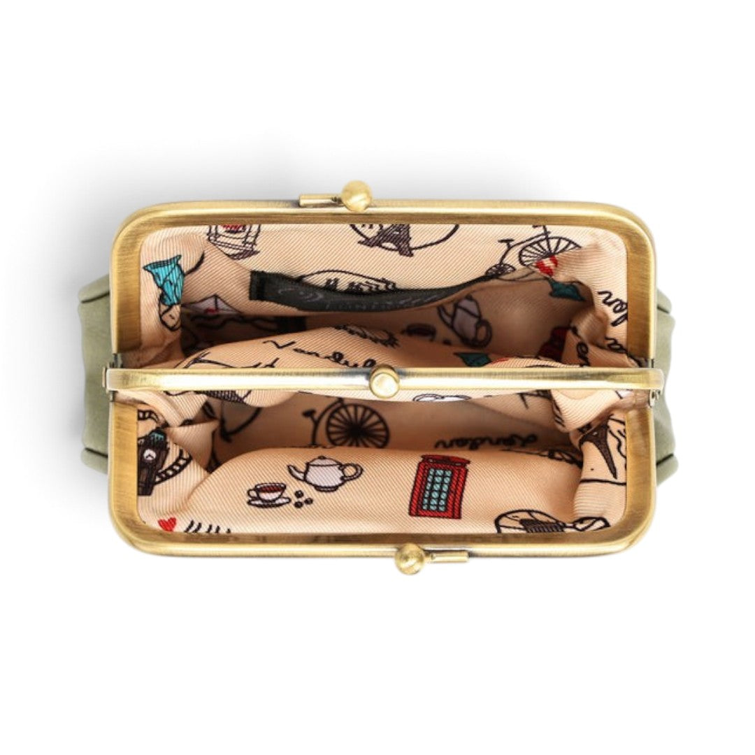 The Happy Shoe Shop Vendula London coin purse interior showing two compartments with signature printed lining