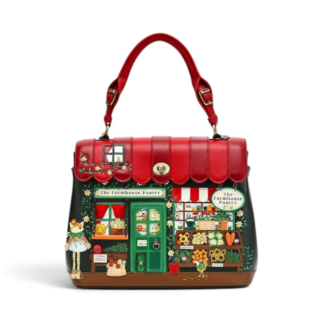 The Happy Shoe Shop Vendula London Farmhouse Pantry Grace Bag featuring a detailed vegan leather shopfront design.
