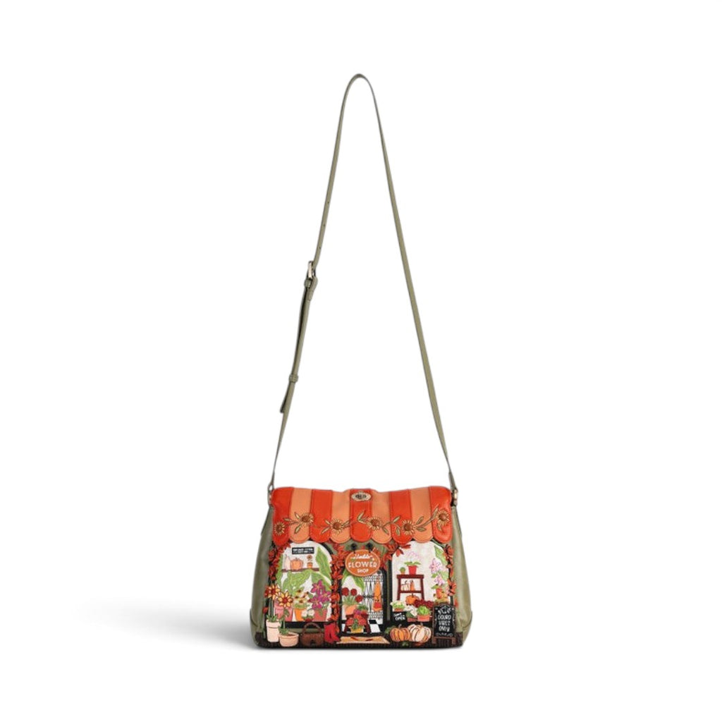 The Happy Shoe Shop Vendula Flower Shop Alice Bag in amber vegan leather with intricate floral appliqué and embroidery.