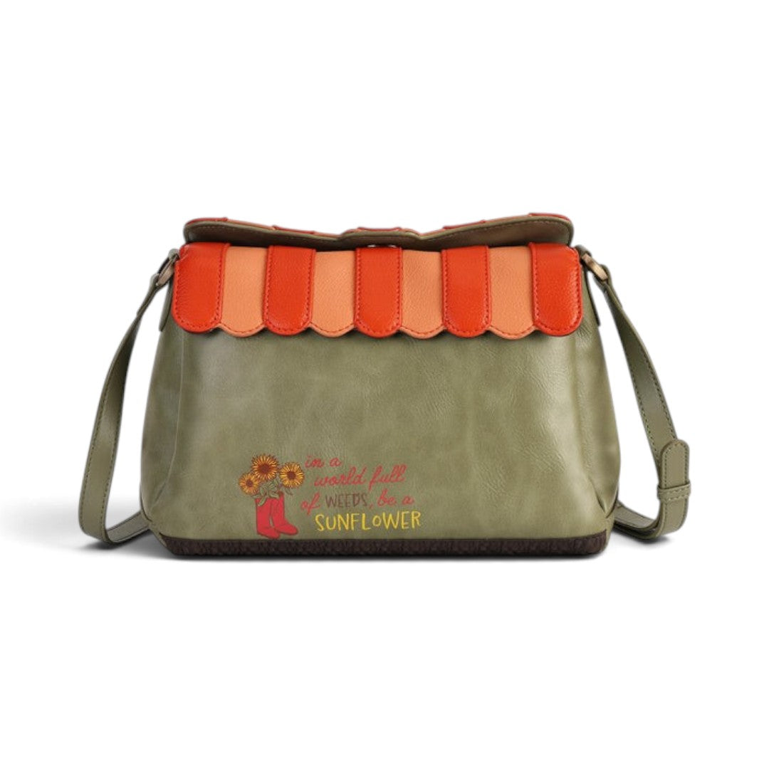 The Happy Shoe Shop Vendula Flower Shop Alice Bag in amber vegan leather with floral embroidery and scalloped flap.