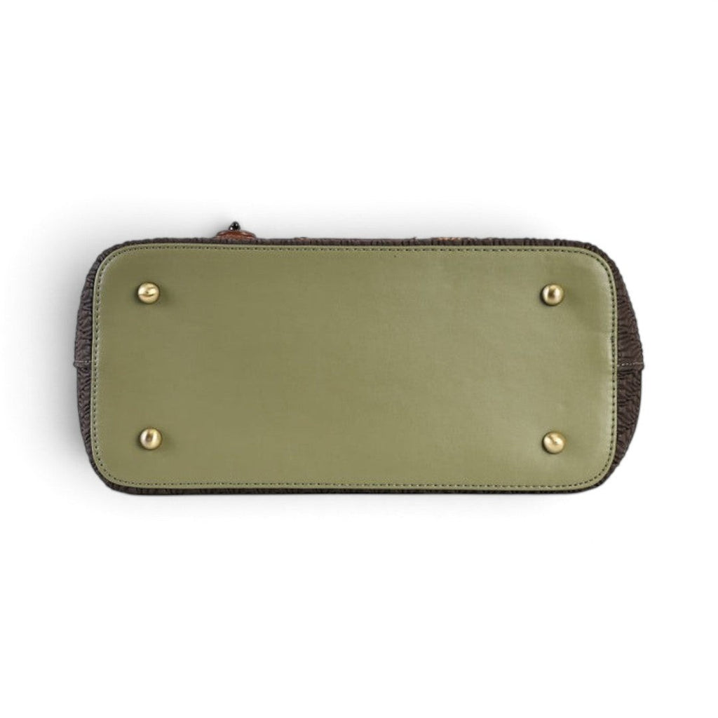 The Happy Shoe Shop Vendula London Flower Shop Grace Bag base featuring olive green vegan leather and four gold studs.