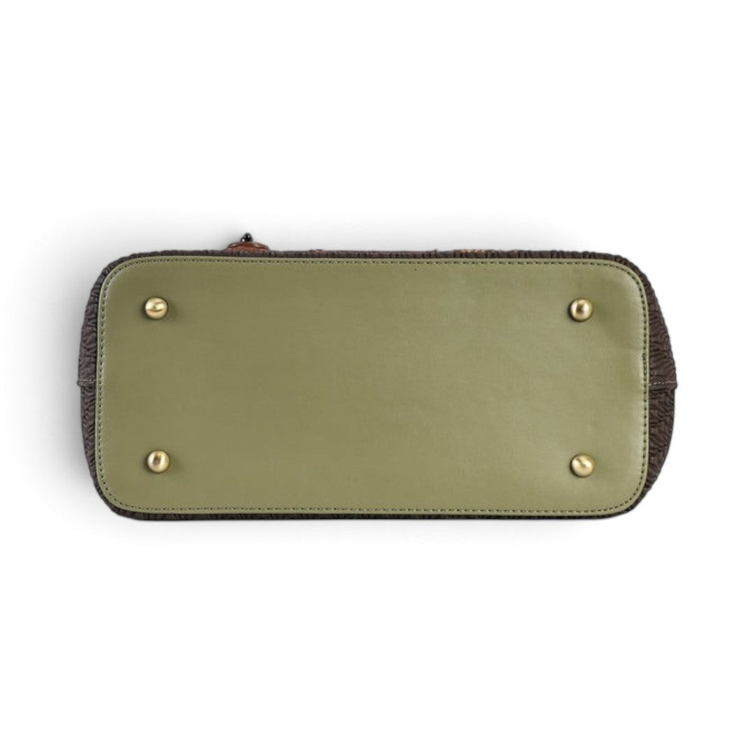 The Happy Shoe Shop Vendula London Flower Shop Grace Bag base featuring olive green vegan leather and four gold studs.