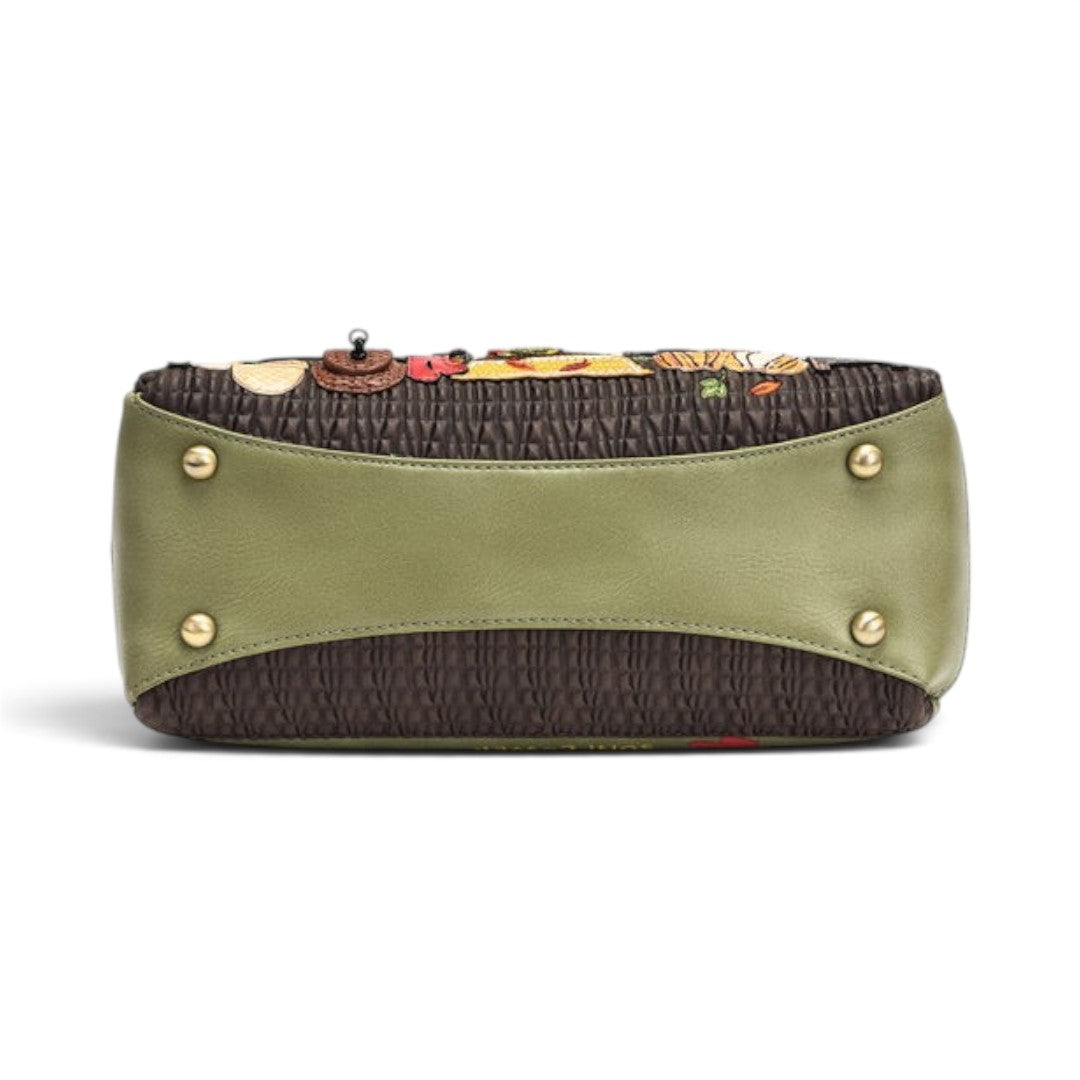 The Happy Shoe Shop Vendula Flower Shop Alice Bag base view showing green vegan leather trim and four gold base studs.