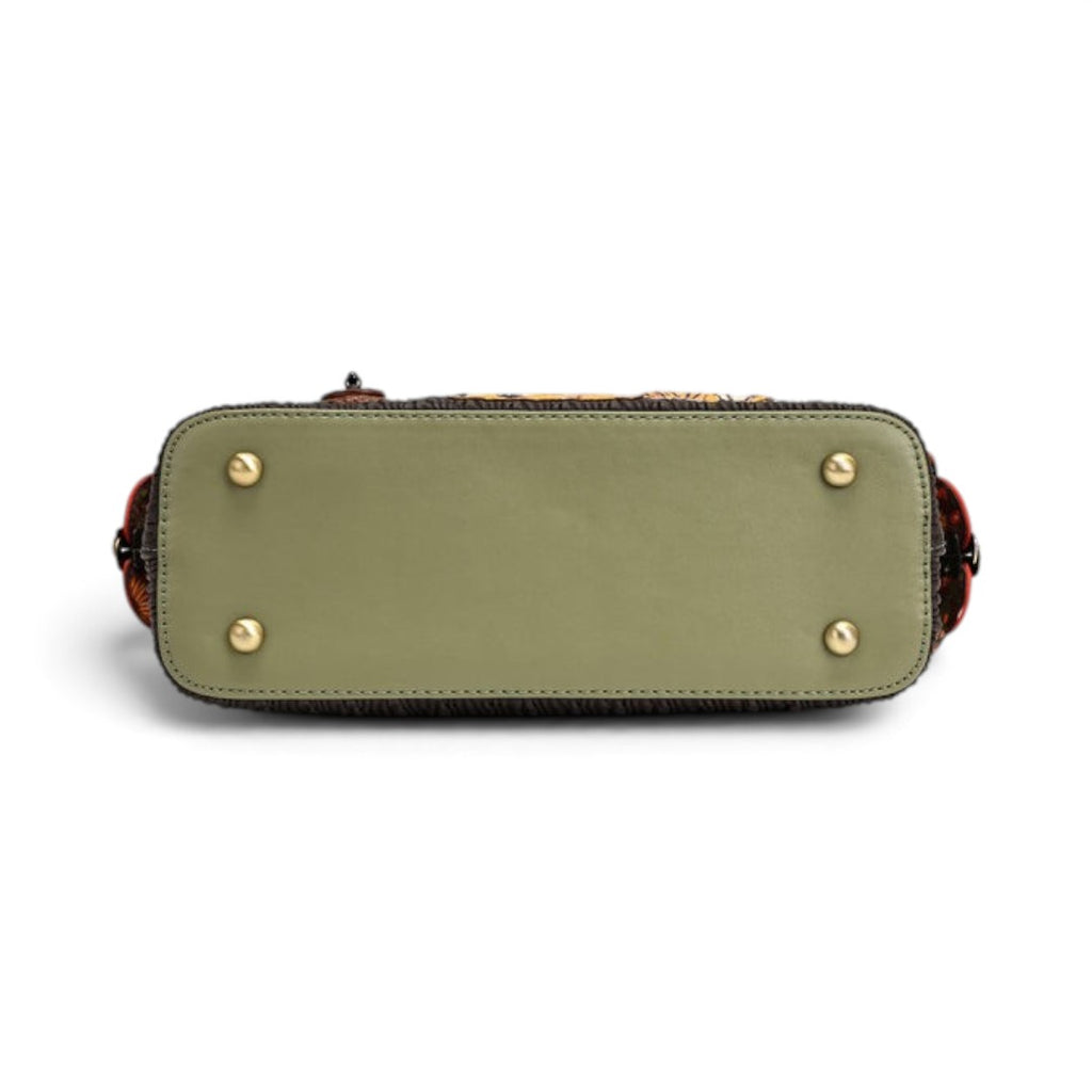 The Happy Shoe Shop Vendula London Flower Shop grab bag base showing olive green vegan leather and four gold feet.