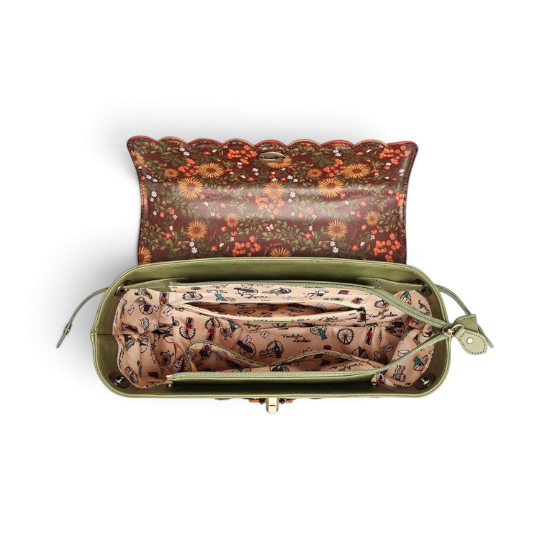 The Happy Shoe Shop Vendula London Flower Shop Grace Bag interior view showing floral lining and zip compartments