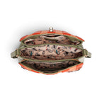 The Happy Shoe Shop Vendula Flower Shop Alice Bag in amber, showing the open interior with three compartments.