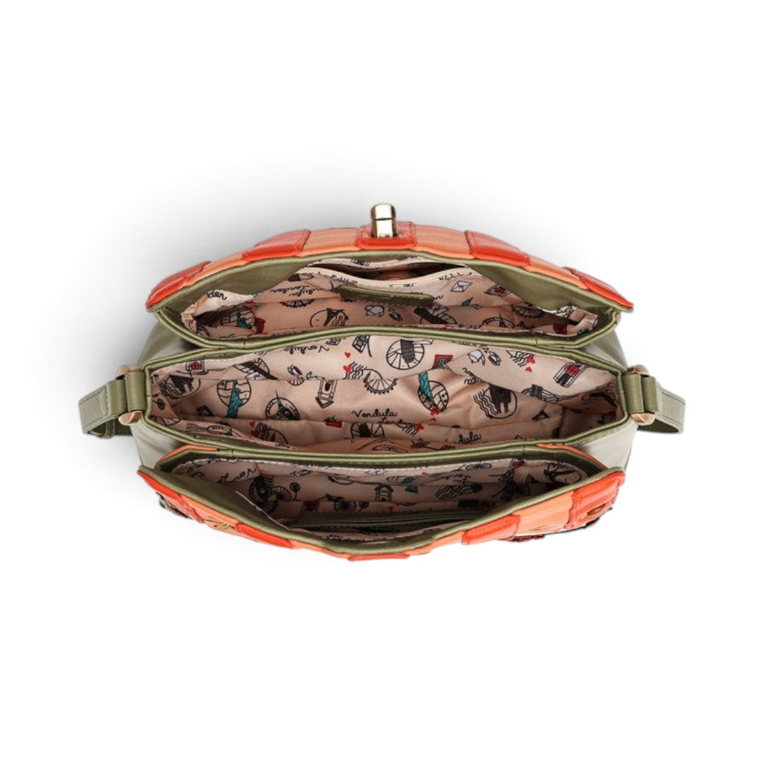 The Happy Shoe Shop Vendula Flower Shop Alice Bag in amber, showing the open interior with three compartments.