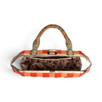 Top view of The Happy Shoe Shop Vendula London Flower Shop grab bag in amber with floral handle and patterned lining.