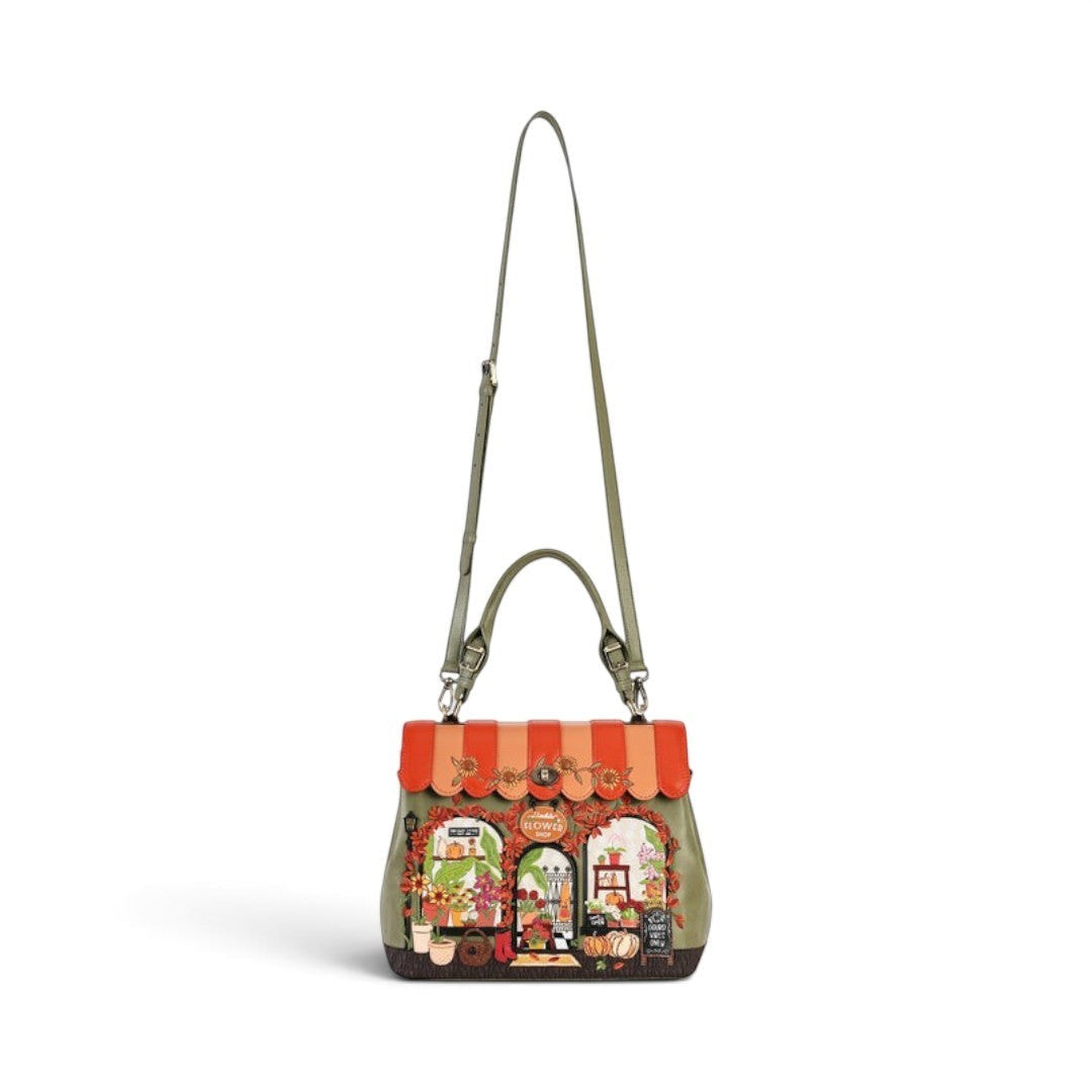 The Happy Shoe Shop Vendula London Flower Shop Grace Bag in amber with hand-stitched vegan leather floral details.