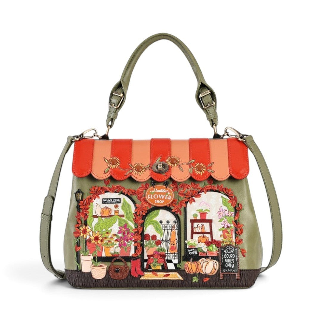 The Happy Shoe Shop Vendula London Flower Shop Grace Bag in amber vegan leather with autumn floral shop design.