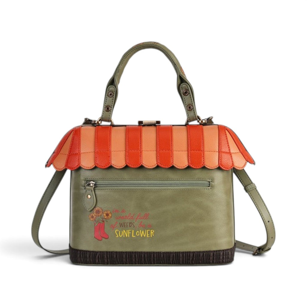 The Happy Shoe Shop Vendula Flower Shop grab bag in olive green vegan leather with orange awning and sunflower print.