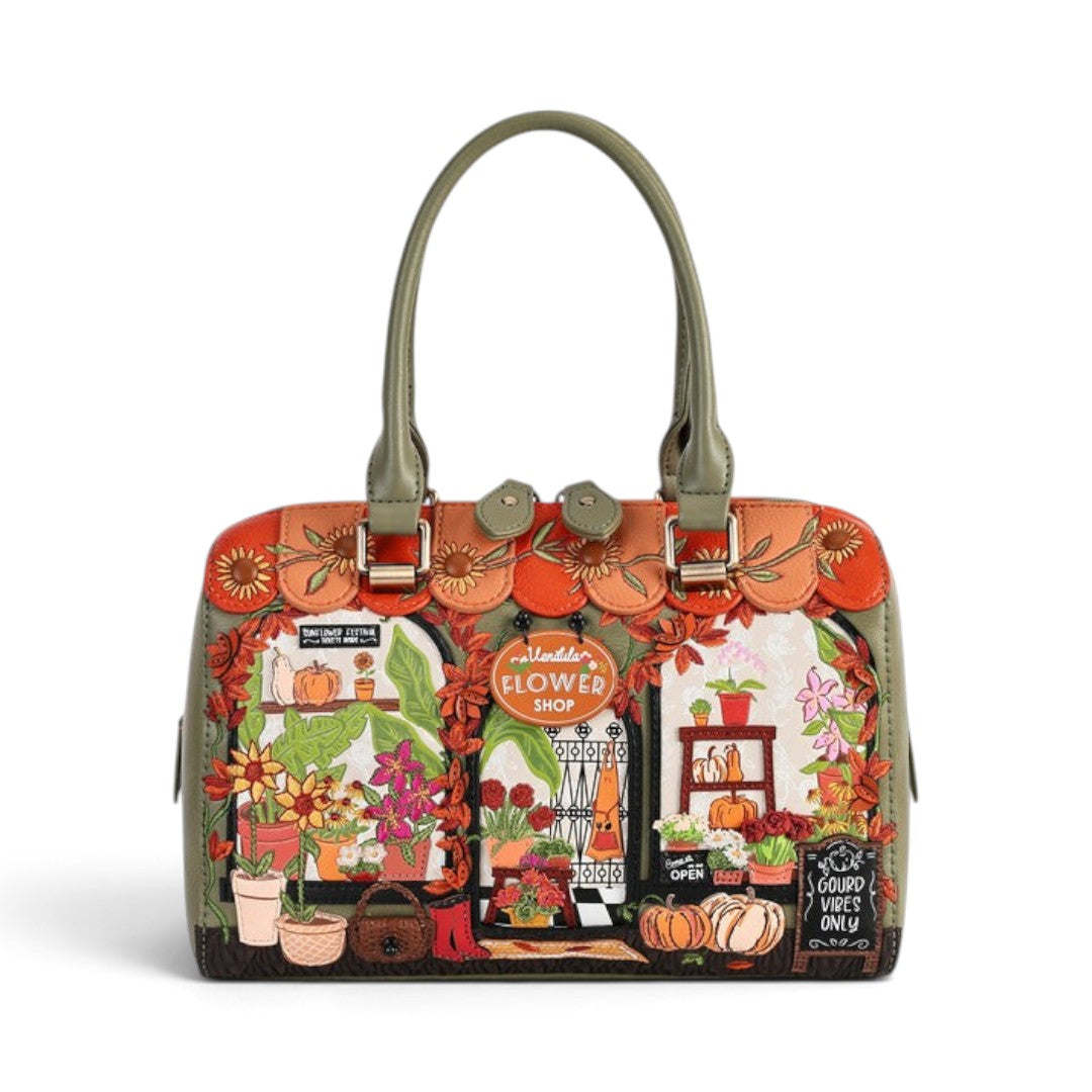 The Happy Shoe Shop Vendula London Flower Shop bowler bag in amber vegan leather with floral and autumn motifs.